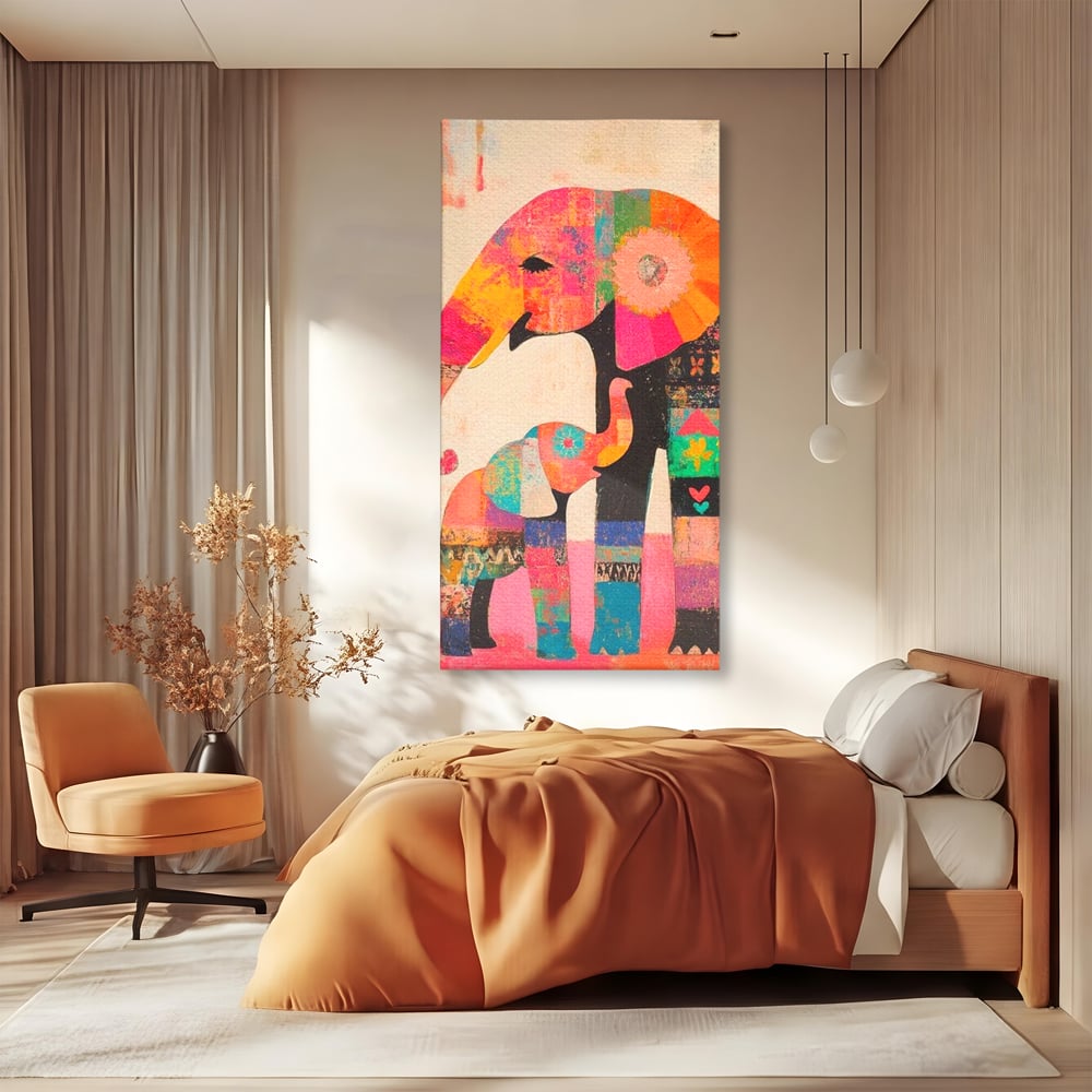 Tablou canvas cu tablou pictura cu elefanti colorati, fara rama, pe sasiu de lemn, pe perete intr-un dormitor